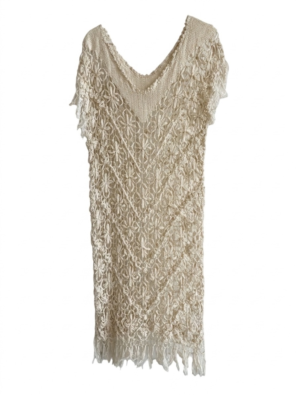 Crochet Dreamy Dress Boho Euro Summer Neutral Fringe Cutout Cream Midi